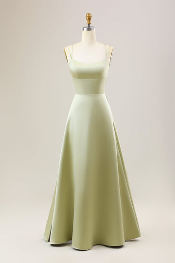 Dusty Sage A Line Spaghetti Straps Vestido largo de dama de honor de satén